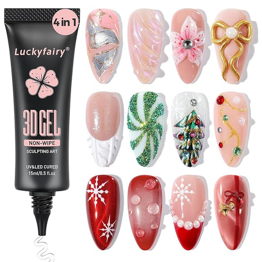 3D Gel Nail Art: 4 in 1 3D Nail Sculpting Gel for Molding, Drawing, Chrome Powder, Rhinestone Charms Glue, No Wipe Clear for DIY Fall Christmas Nail Art at Home, Lamp Curing Needed