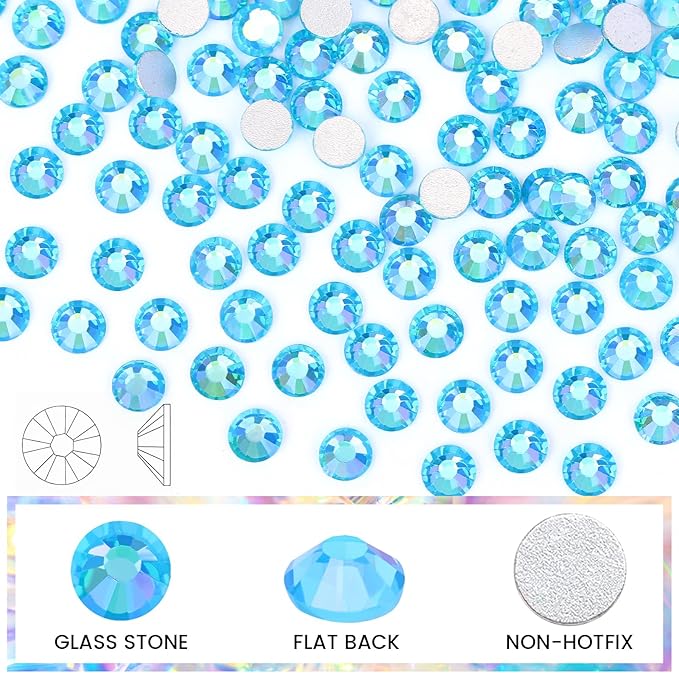 Novani Rhinestones 3000Pcs Flatback Crystal Round Loose Gemstones Glass Rhinestones for Crafts Makeup Nail Art Clothes Shoes DIY Decorations(SS10, 2.7-2.9mm,Aquamarine AB)