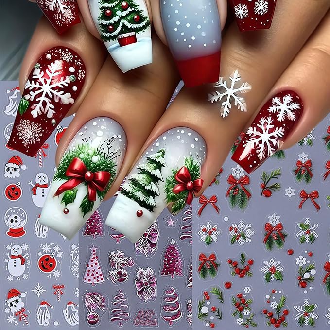 3 Sheets Christmas Nail Art Stickers 5D Micro Embossed Red Bow Holly Leaf Nail Decals Winter Purple Christmas Tree Snowmen Snowflake Design Santa Hat Nail Supplies for Women Holiday Manicure DIY