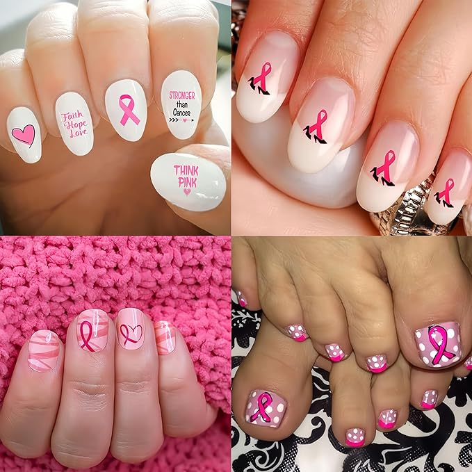 Breast Cancer Nail Art Stickers Pink Ribbon Nail Decals 3D Self Adhesive Nail Decals Love Heart Bow Pink Ribbon Design Nail Sticker Breast Cancer Awareness Nail Supplies for Women Decoration 6 Sheets