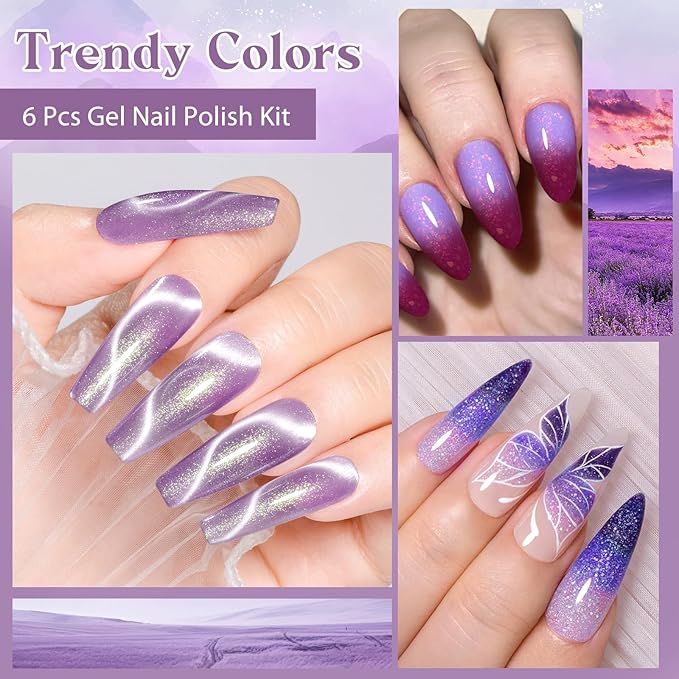 MEET ACROSS Gel Nail Polish Set 6 Pcs Glitter Colors Gel Nail Kit Art Design Soak Off UV LED (SET-12, 6pcs)