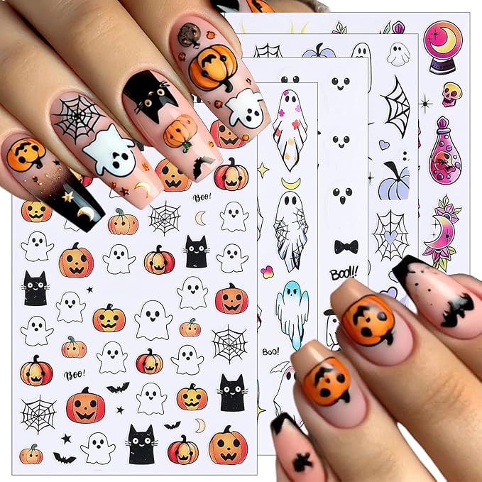 5 Pcs Halloween Nail Art Stickers,3D Self-Adhesive Nail Decals Spider Webs Cute Ghost with Designs Skull Pumpkin Nail Decorations Halloween DIY Manicure Supplies for Women Girls
