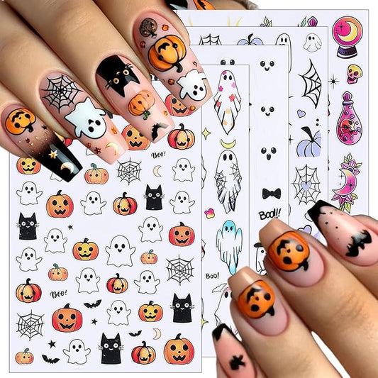 5 Pcs Halloween Nail Art Stickers,3D Self-Adhesive Nail Decals Spider Webs Cute Ghost with Designs Skull Pumpkin Nail Decorations Halloween DIY Manicure Supplies for Women Girls