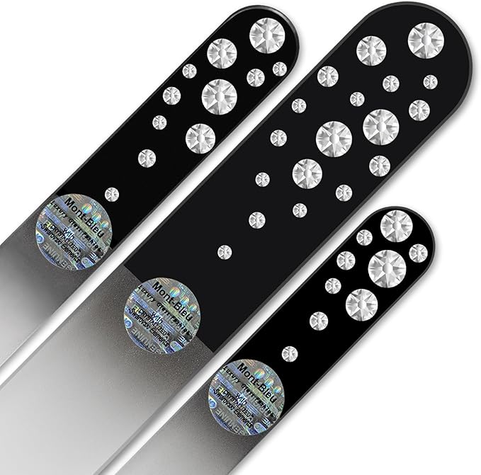 Mont Bleu Set of 3 Glass Nail Files Hand Decorated with Crystals from Swarovski® | Hand Made, Czech Tempered Glass, Lifetime Guaranty