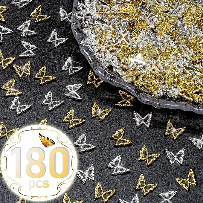 180pcs 3D Butterfly Nail Charms - Golden & Silver Butterflies, Alloy Studs for Acrylic Nails, DIY Crafts