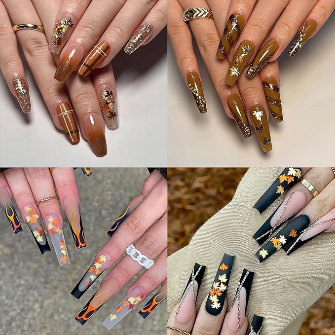 6-Grids Fall Maple Leaf Nail Art Glitter Sequins 3D Holographic Gold Orange Leaf Flakes Thanksgiving Supplies for Acrylic Nails Autumn DIY Decorations