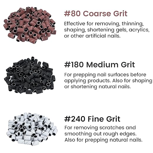 Delanie 300 Pcs #80#180#240 Sanding Bands for Electric Nail Drill Machines with Mandrel Bit, Professional Manicure Nail Salon Supplies, Fine Medium Coarse Grit
