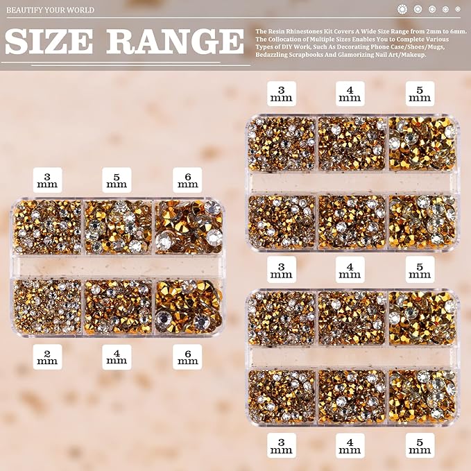 Resin Rhinestones Crafting, 2/3/4/5/6mm Flatback Jelly Rhinestones, 3 Box Mineral Gold Non Hotfix Crystal Gems for Bedazzling Crafts Mugs Tumblers Clothes Makeup Nail