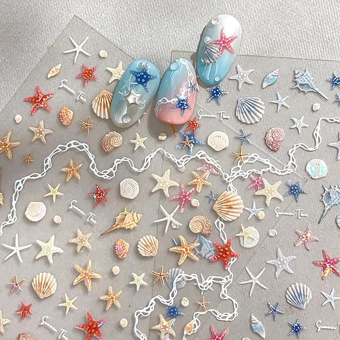 2 Sheet Summer Ocean Theme Nail Art Stickers Extra Shiny Shell Light 5D Shell Starfish for Nails Stickers Decals Gold Silver Star Jellyfish Self-Adhesive Design Nail Supplies for Women Manicure Decor