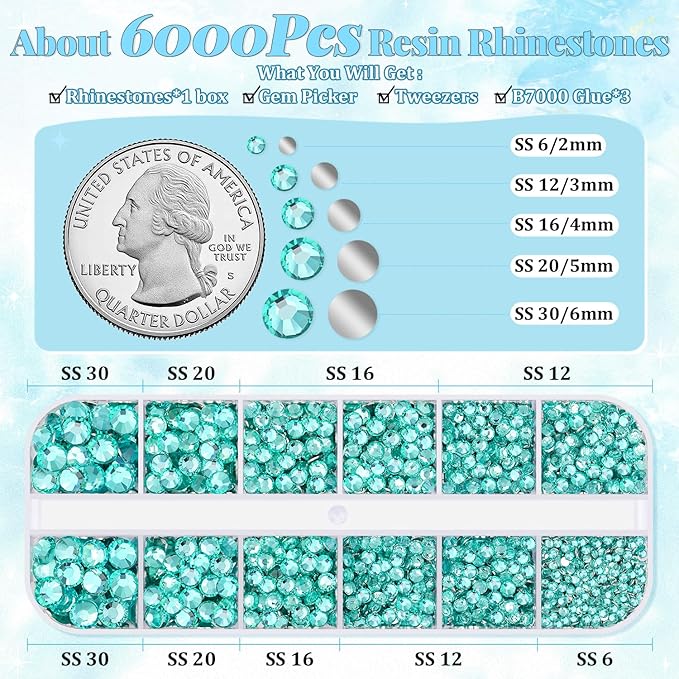 6000Pcs Resin Rhinestones for Bedazzling with 3Pcs B7000 Jewelry Glue, 1 Box Aquamarine Flatback Rhinestones for Crafting Crafts DIY, Crystals Gems for Clothing Shoes Tumblers Nail Art Makeup