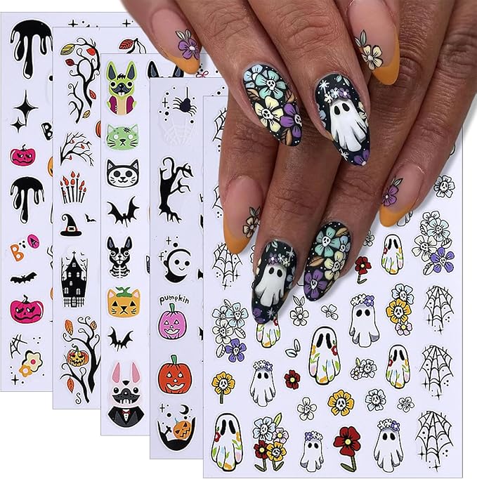 5 Pcs Halloween Nail Art Stickers,Pumpkin Spider Webs and Cute Ghost Designs 3D Self-Adhesive Nail Decals Skull Bat Halloween Nail Decorations DIY Manicure Supplies for Women Girls
