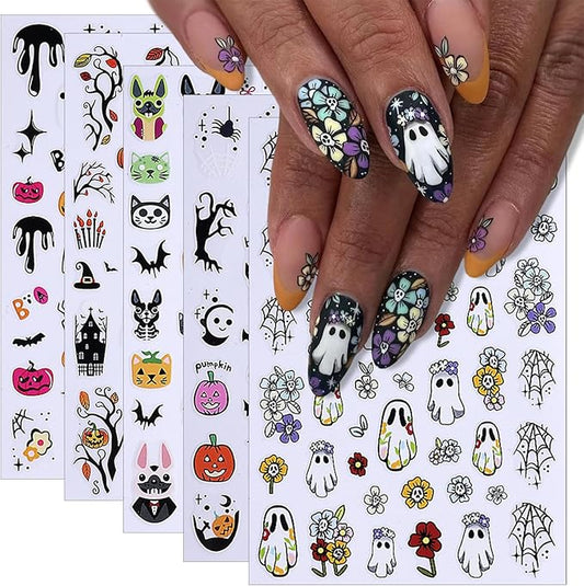 5 Pcs Halloween Nail Art Stickers,Pumpkin Spider Webs and Cute Ghost Designs 3D Self-Adhesive Nail Decals Skull Bat Halloween Nail Decorations DIY Manicure Supplies for Women Girls