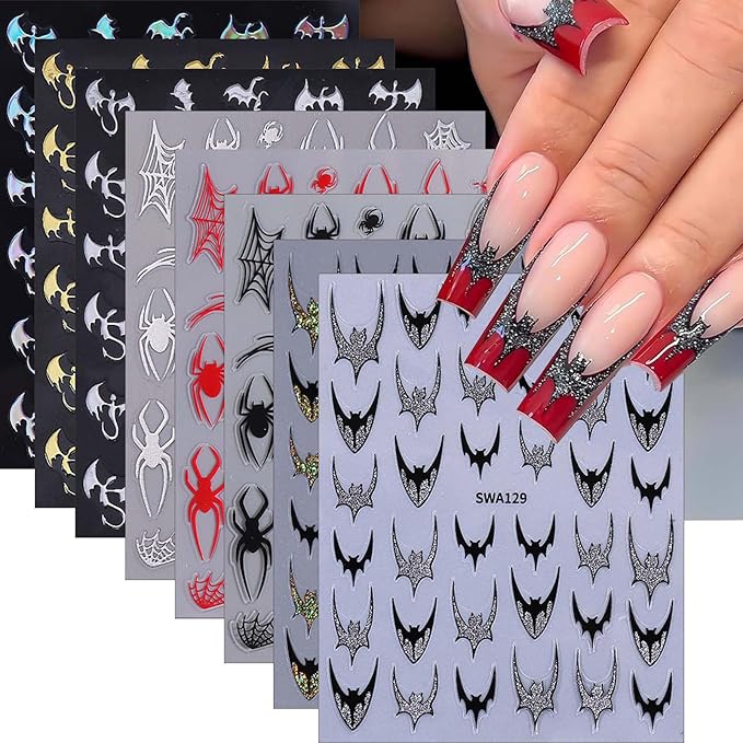 ONPRESS 8Sheet Halloween Bats Nail Stickers Black Gold Glitter French Tips Nail Art Stickers 3D Self-Adhesive Silver Red Spider Web Nail Decals Exquisite Gothic Holiday Nails Supplies for Women DIY