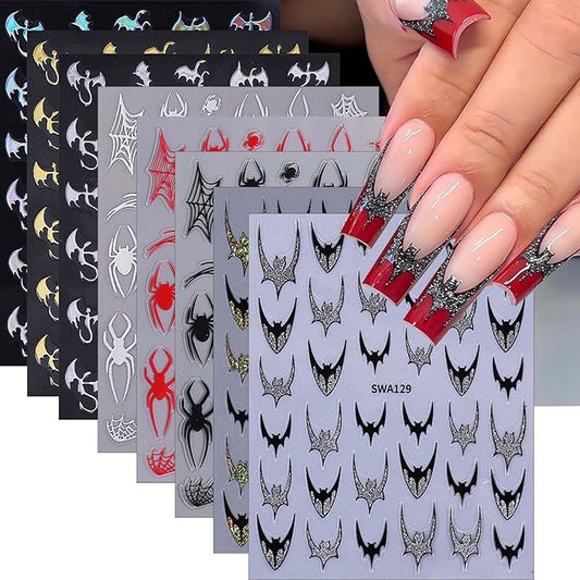 ONPRESS 8Sheet Halloween Bats Nail Stickers Black Gold Glitter French Tips Nail Art Stickers 3D Self-Adhesive Silver Red Spider Web Nail Decals Exquisite Gothic Holiday Nails Supplies for Women DIY