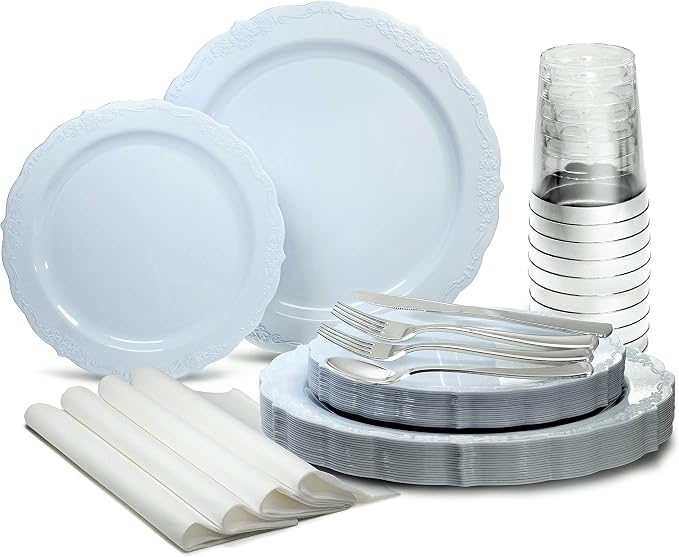 " OCCASIONS " 640 Piece set-Vintage Wedding Party Disposable Plastic Plates & by OCCASIONSFINESTPLASTICTABLEWARE