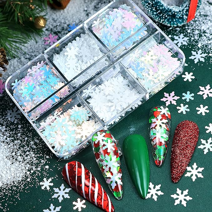 Christmas Smowflake Glitter Sequins Nail Accessories Winter White Snowflake Glitter Manicure Mix Colors Nail Art Glitter Flakes, 3D Nails Supplies Jewelry Studs Nail Decoration for Women Featival