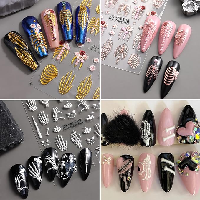 3Sheets Halloween Nail Art Stickers 5D Embossed Skeleton Nail Decals with Rose Flower Design Nail Stickers Self-Adhesive Skull Hand Bones Nail Decal Gothic Nail Sticker for Women DIY Nails Decoration