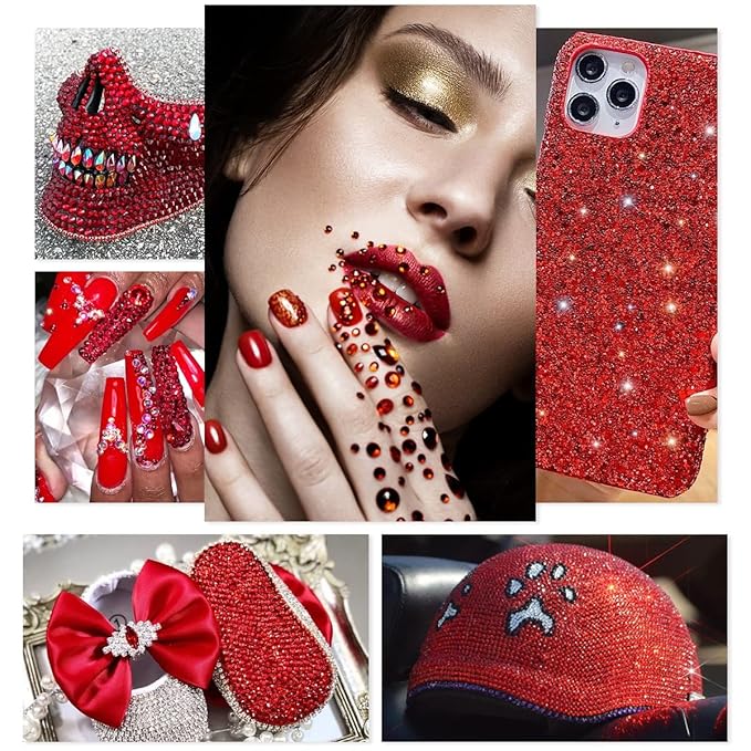 4080Pcs Red Nail Rhinestones Multi Shapes Ruby Rhinestones for Nails 1.5-4mm Crystal Gems Siam Red Round Flatback Beads Glass Stones Diamonds jewels Charms for Nails Face Eyes Makeup DIY Crafts
