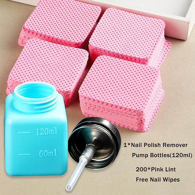 Pump Bottle Dispenser 120ml Nail Polish Remover Pump Metal Push Down Pump Dispenser 200Pcs Lint Free Nail Wipes Alcohol Dispenser Eye Makeup Remover Pump Push Down Empty Bottle -Blue