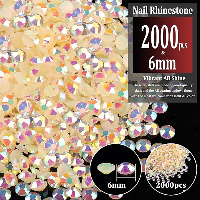 2000pcs 6mm Resin Rhinestones Bulk, Light Yellow AB Flatback Round Jelly Rhinestones Non Hotfix Crystal Gems Large Quantity Wholesale for DIY Crafts Clothes Bottles Face Makeup Manicure