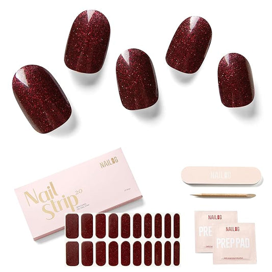 NAILOG Semi Cured Gel Nail Strips (20 Extra Long Stickers/Wraps) | Buy 2 Get 1 UV Lamp| Glossy & Long Lasting Soft Gel Finishing | Red Carpet