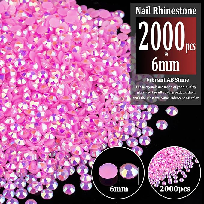 2000pcs 6mm Resin Rhinestones Bulk, Pink AB Flatback Round Jelly Rhinestones Bedazzling Non Hotfix Crystal Gems Large Quantity Wholesale for DIY Crafts Clothes Bottles Tumblers Face Makeup Manicure