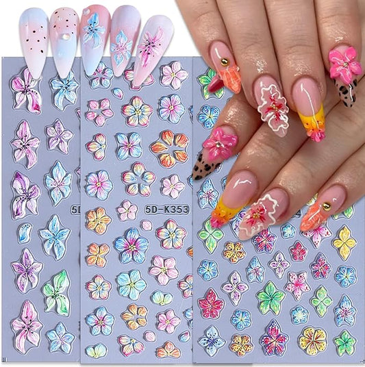 3 Sheets Colorful Flower Nail Stickers, Summer Embossed Lily Nail Decals, 5D Self-Adhesive Nail Design Stickers for Daily Festival DIY Spring Summer Floral Manicure Decoration Supplies