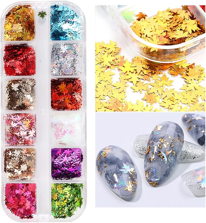 12 Colors Fall Nail Art Stickers Maple Leaf Nail Glitter Sequins 3D Nail Art Accessories Autumn Leaf Shape Flakes Holographic Gold Red Maple Leaves Paillettes Designs Acrylic Nails Supply Kit