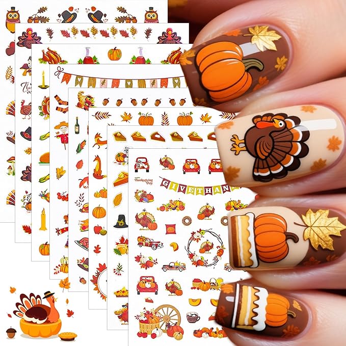 8 Sheets Fall Nail Stickers for Nail Art 3D Self-Adhesive Exquisite Maple Leaf Pumpkin Nail Decals Cute Fox Turkey Nail Design Stickers Thanksgiving Holiday Nails Art Supply for Women Acrylic Manicure