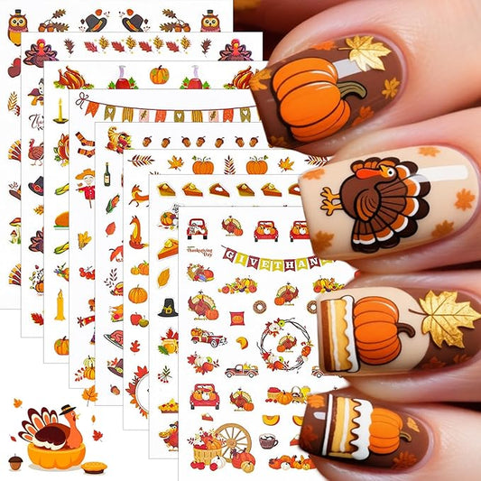 8 Sheets Fall Nail Stickers for Nail Art 3D Self-Adhesive Exquisite Maple Leaf Pumpkin Nail Decals Cute Fox Turkey Nail Design Stickers Thanksgiving Holiday Nails Art Supply for Women Acrylic Manicure