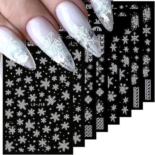 8 Sheets Christmas Snowflake Nail Art Stickers - White Glitter 3D Self-Adhesive Design for Winter Manicure - Cute Decals for Women
