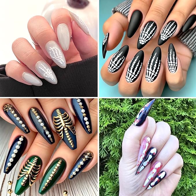 3Sheets Halloween Nail Art Stickers 5D Embossed Skeleton Nail Decals with Rose Flower Design Nail Stickers Self-Adhesive Skull Hand Bones Nail Decal Gothic Nail Sticker for Women DIY Nails Decoration