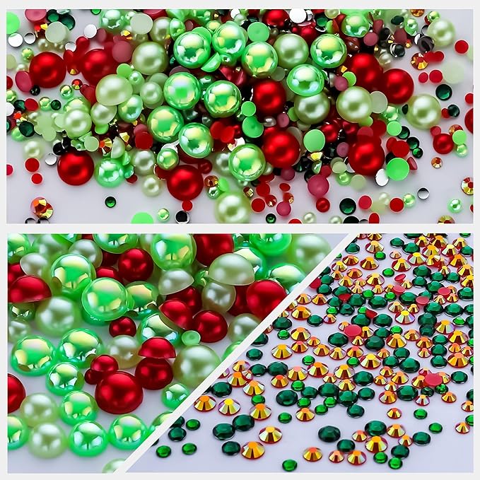 60g Christmas Pearls Rhinestones for Crafts Mixed Size 3mm-10mm AB Color Round Half Pearls Flatback Pearl Beads and Resin Rhinestones Set for Face Art with Gel