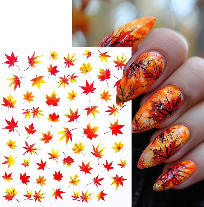 Autumn Nail Art Stickers Fall Maple Leaves Nail Stickers 3D Self-Adhesive Autumn Leaves Nail Sticker Leaf Nails Decals for Women Acrylic Nails Maple Leaf Thanksgiving Holiday Decorations