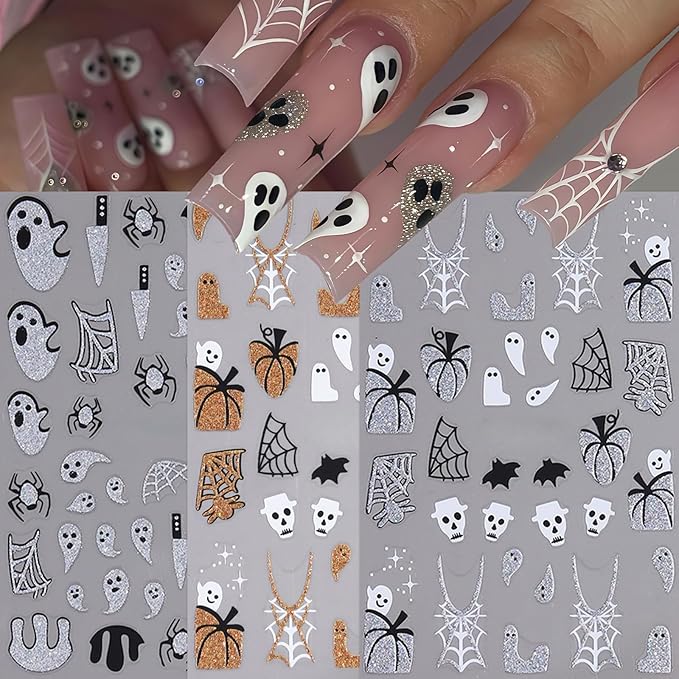 6 Sheets Halloween Nail Art Stickers Gold Glitter Pumpkin Nail Decals 3D Self Adhesive Ghost Spider Web Skull Bats Nail Design Nail Stickers Manicure Accessories for Women DIY Manicure Decoration
