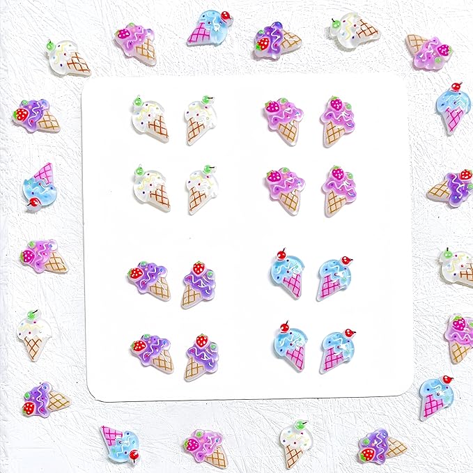 1 Box Kawaii Nail Charms Cartoon Ice Cream Nail Rhinestones 3D Flat Back Stones Summer Nail Gems Strawberry Head Ice Cream Rhinestones for Nails Mini Glass Gems Jewelry for Crafts Nail Accessories