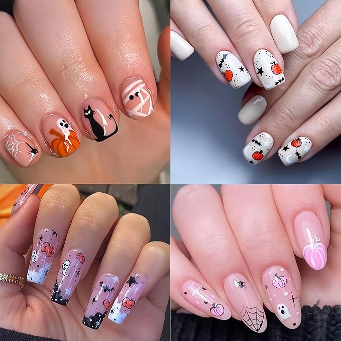 6 Pcs Halloween Nail Art Stickers Cute Ghost Pumpkin 3D Self-Adhesive Nail Decals Scary Bat Black Cat Spider Web Pattern Nail Decals for Women Girls DIY Nail Designs Supplies for Halloween Party