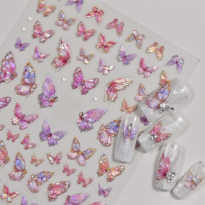 2 Sheets Butterfly Nail Art Stickers 5D Embossed Pink Butterfly Nail Decals Glitter Aurora Butterfly Nail Pattern Self-Adhesive Nail Art Stickers DIY Nail Decoration