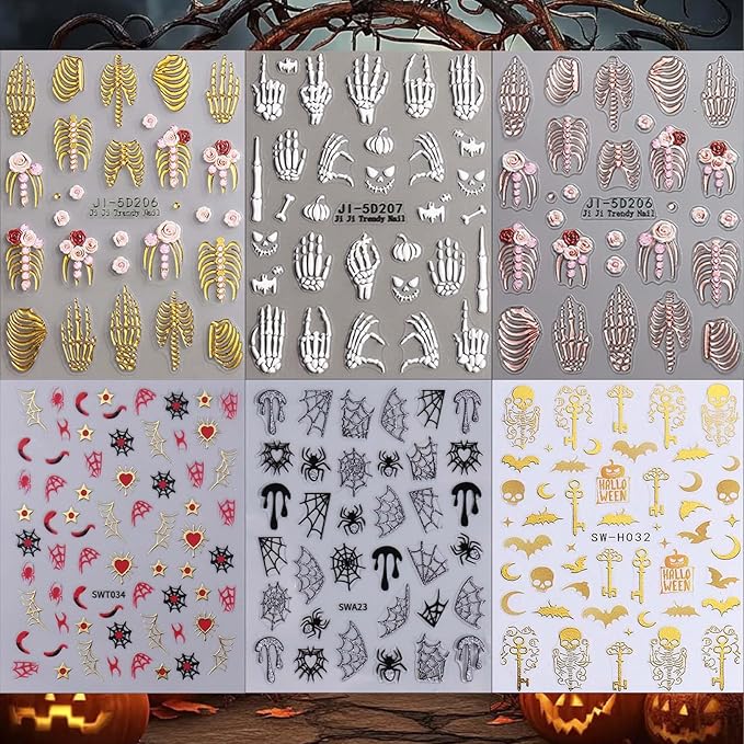ONPRESS 6Sheet Halloween Nail Stickers 5D Embossed Skeleton Skull Nail Art Stickers Pink Hand Bone Rose Flower Nail Decals Self-Adhesive Gothic Scary Gold Nail Decor Manicure Accessories for Holiday