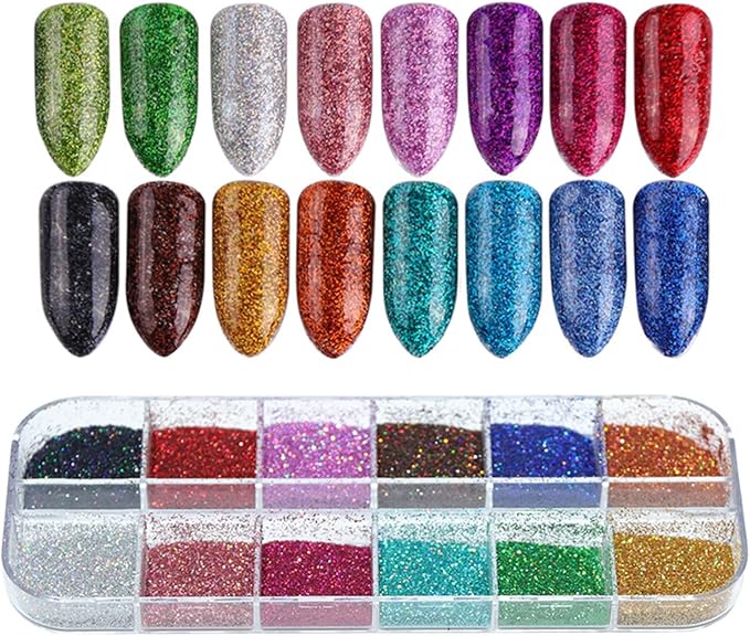 12 Colors Chrome Glitter Nail Powder, Holographic Laser Sparkly Nail Pigments Nail Art Designs, Women Manicure Tips Charms Decorations, Acrylic Nails Powder for Nail Art Gel Polish Dipping Liquid