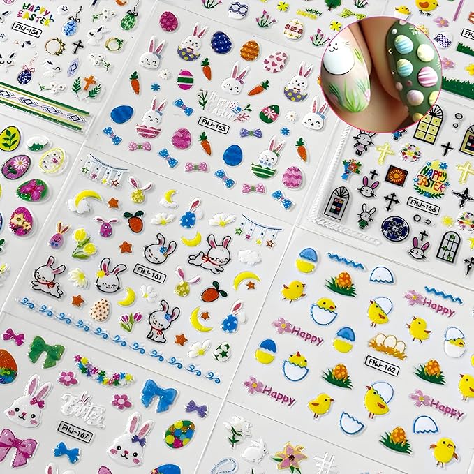 30 Sheets Easter Nail Stickers for Nail Art 3D Self Adhesive Bunny Nail Art Stickers Colorful Egg Nail Decals Easter Nail Supplies Decoration Accessories for Women Girls