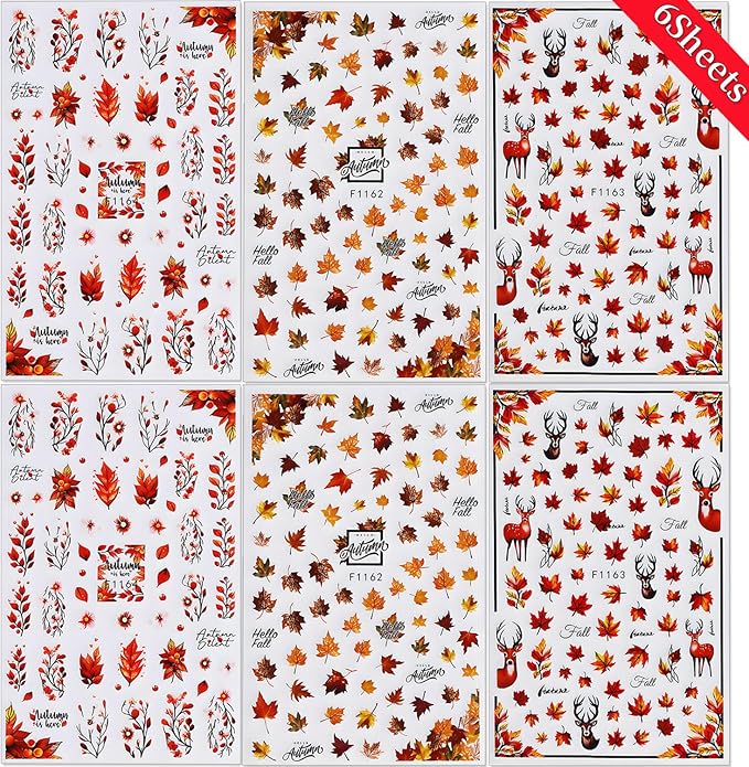 Fall Nail Art Stickers Decals 3D Autumn Maple Leaf Nail Stickers Self-Adhesive Nail Art Supplies 6PCS Autumn Leaves Deer Fall Nails Design Manicure Sliders for Women Thanksgiving Day Nail Decorations