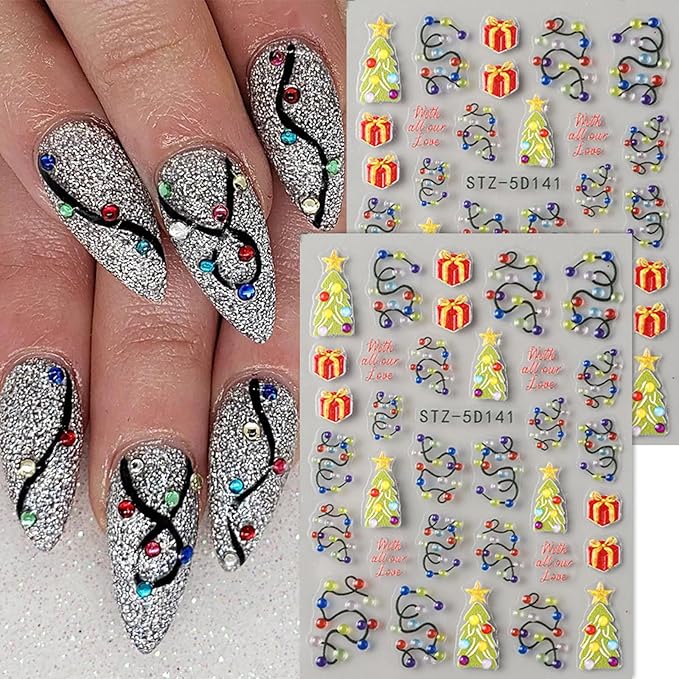 2Pcs Christmas Colorful Light Nail Art Stickers 5D Embossed Nail Decals Neon Lamp Xmas Tree Gifts Design Manicure Sliders Self-Adhesive Winter Nail Art Supplies for Women New Year Nail Decoration