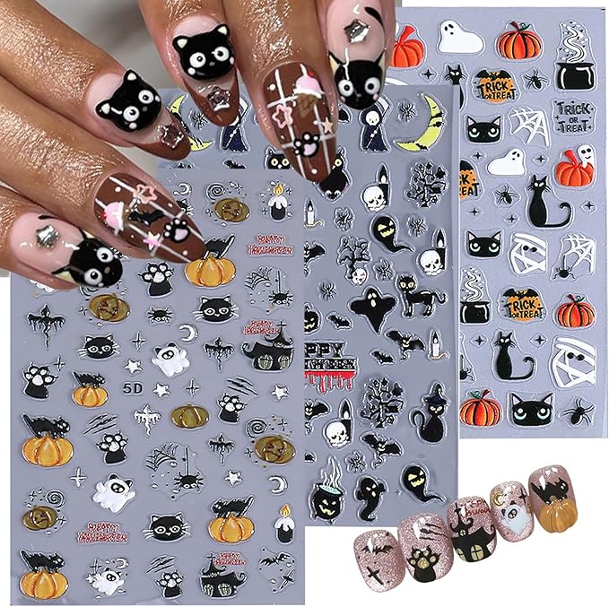 3 Sheets 5D Embossed Halloween Cat Nail Stickers for Nail Art Self Adhesive Cat Cute Ghost Nail Decals Spooky Spider Web Pumpkin Bandage Nail Designs Stickers Holiday Nails Supply for Women Manicure