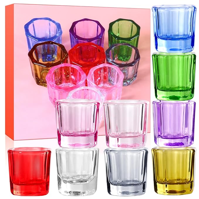 9 colors Dappen Dish Cups for Nail Art Acrylic Liquid - Clear Glass Nail Monomer Liquid Bowl Dampen Dish Acrylic Powder Holder, Acrylic Glass Jar for Nails