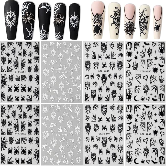 8Sheets Spider Web Nail Stickers, Halloween Decals for Nail Art - Black Stars, Moon, Flame Design - DIY Manicure Charms for Holiday Decoration Accessories