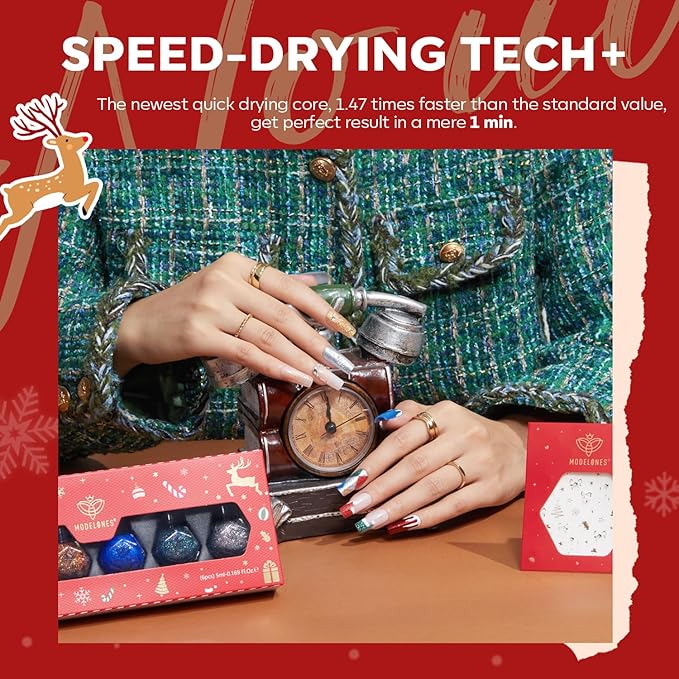 modelones Christmas Nail Polish Set 6 Colors, Red Green Burgundy Gold Silver Blue Glitter Quick Dry Mini Nail Lacquer Kit with Stickers, Winter Nail Art Manicure New Year Gift for Girls Women