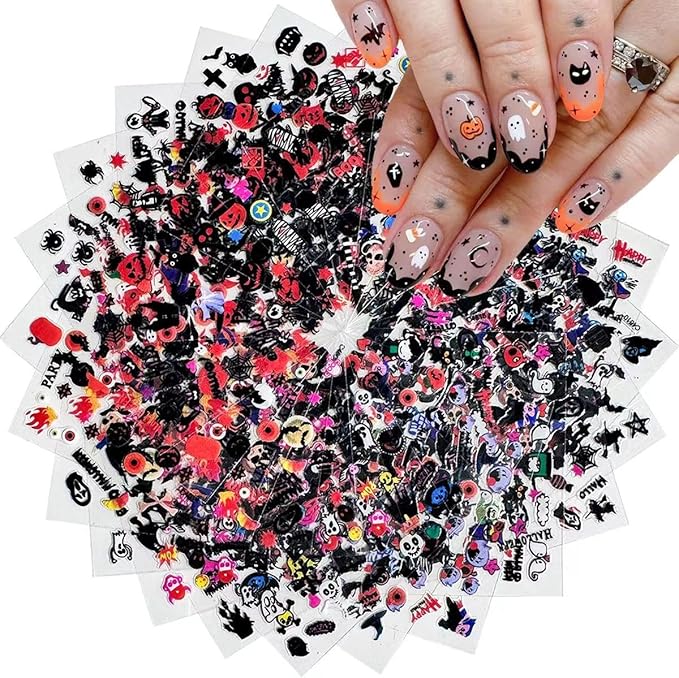 24 Sheets Halloween Nail Stickers Pumpkin Ghost Face Nail Decals 3D Self-Adhesive Nail Supplies Spider Web Cat Bat Nail Art Stickers for Acrylic Nails for Women Kids DIY Manicure Decorations