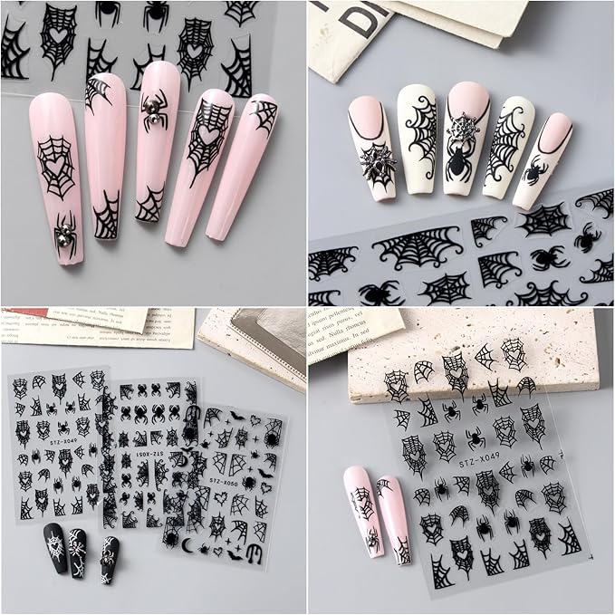 6Pcs Spider Web Halloween Nail Stickers Spider Nail Decals Self Adhesive Black Cobweb Spider Nail Design Stickers Halloween Nail Decoration Supplies Holiday Manicure Accessories for Women