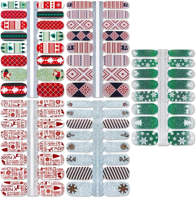 WOKOTO 5 Sheets Christmas Adhesive Nail Art Polish Stickers Tips with 1Pc Nail File Snow Winter Nail Wraps Decals Manicure Accessories